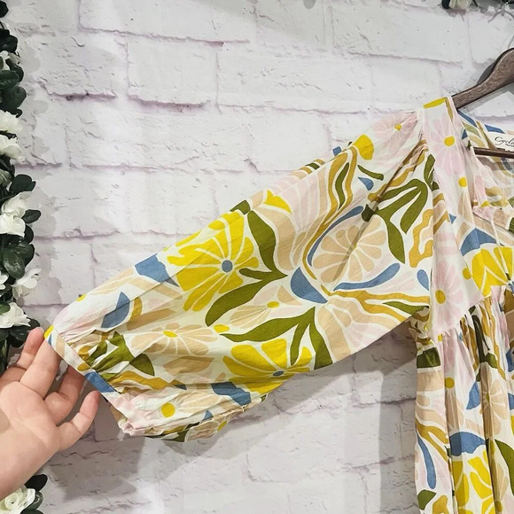 Cyclamen Bloom Kaftan Pleated Tunic Cotton Dress Flower Print Size Small V Neck - Picture 5 of 9